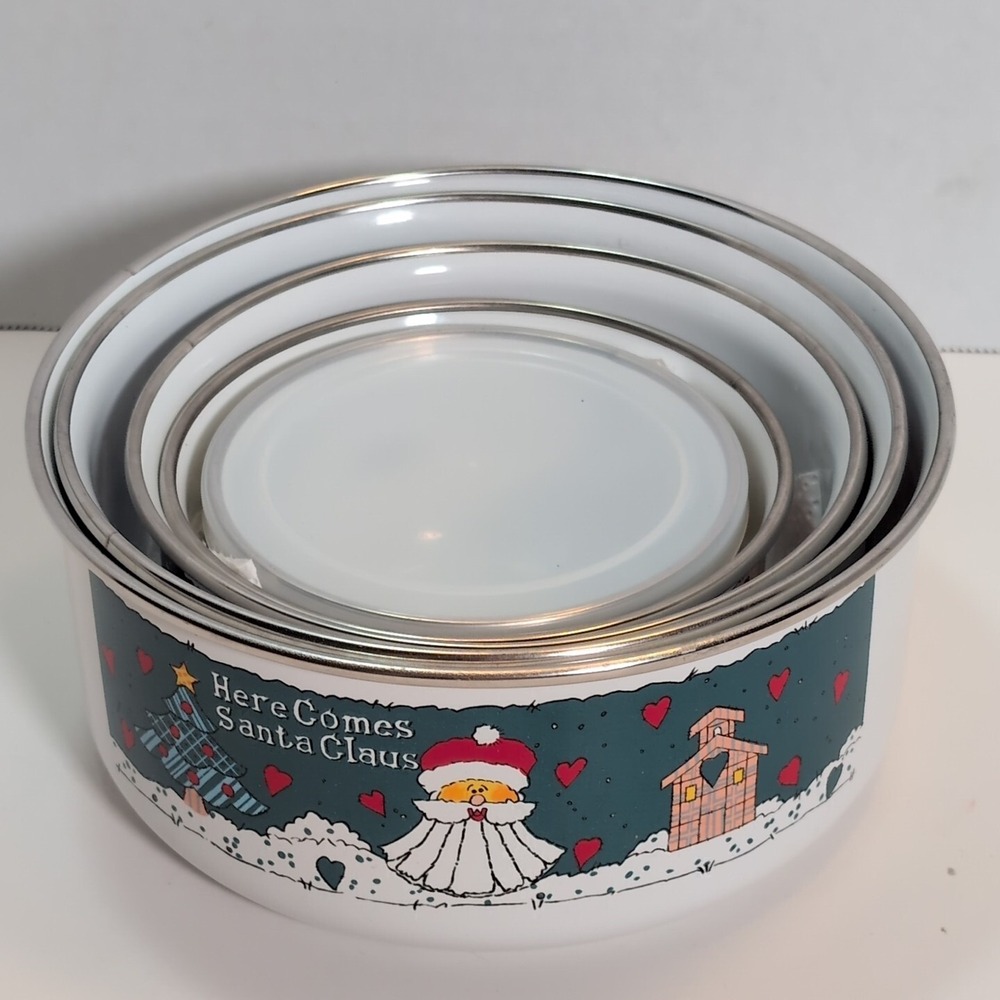 Vintage Christmas Enamel Nesting Storage Bowls - Set Of - 5 Great Condition - Picture 2 of 10